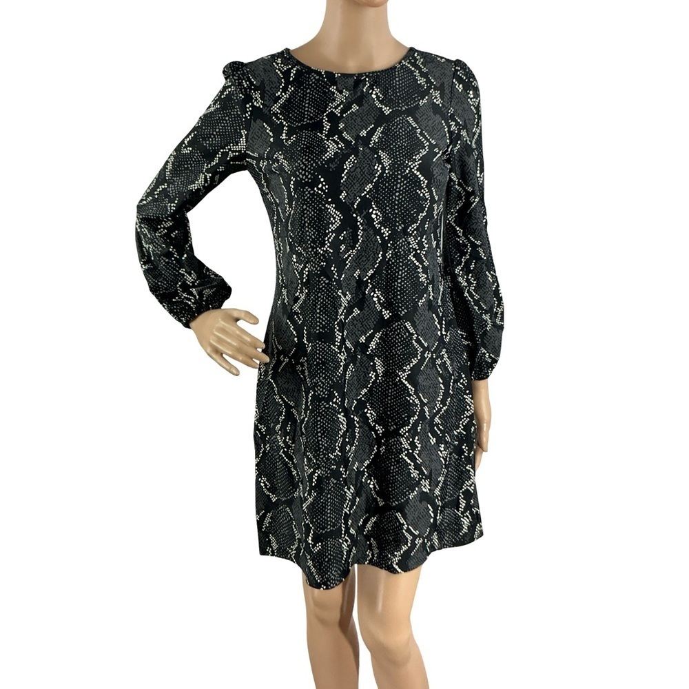 Jude Connally Chloe Snakeskin Black Shift Dress Long Sleeve Size XS